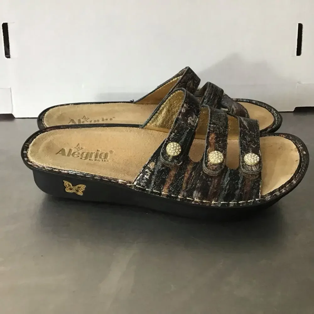 Alegria Metallic Black Gold Bronze Fiona Triple Strap Sandals 41 10.5